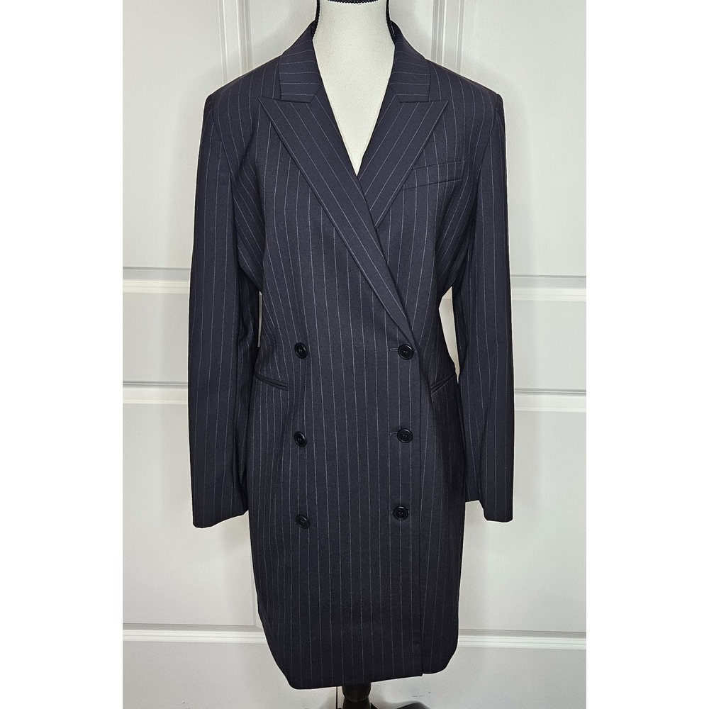 NWT Theory Blazer Dress Navy Blue Pinstripe Size 12 Double Breasted Peak Collar